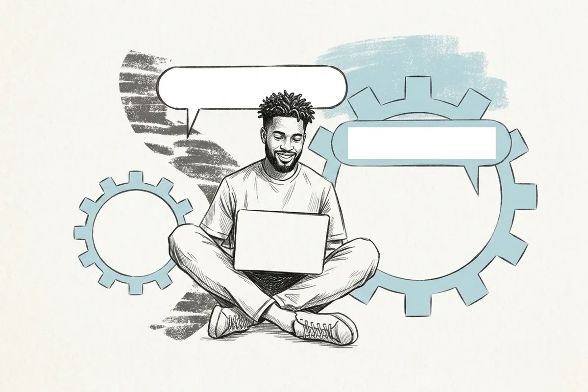 A line illustration of someone sitting cross-legged with a laptop, surrounded by speech bubbles and gear shapes.